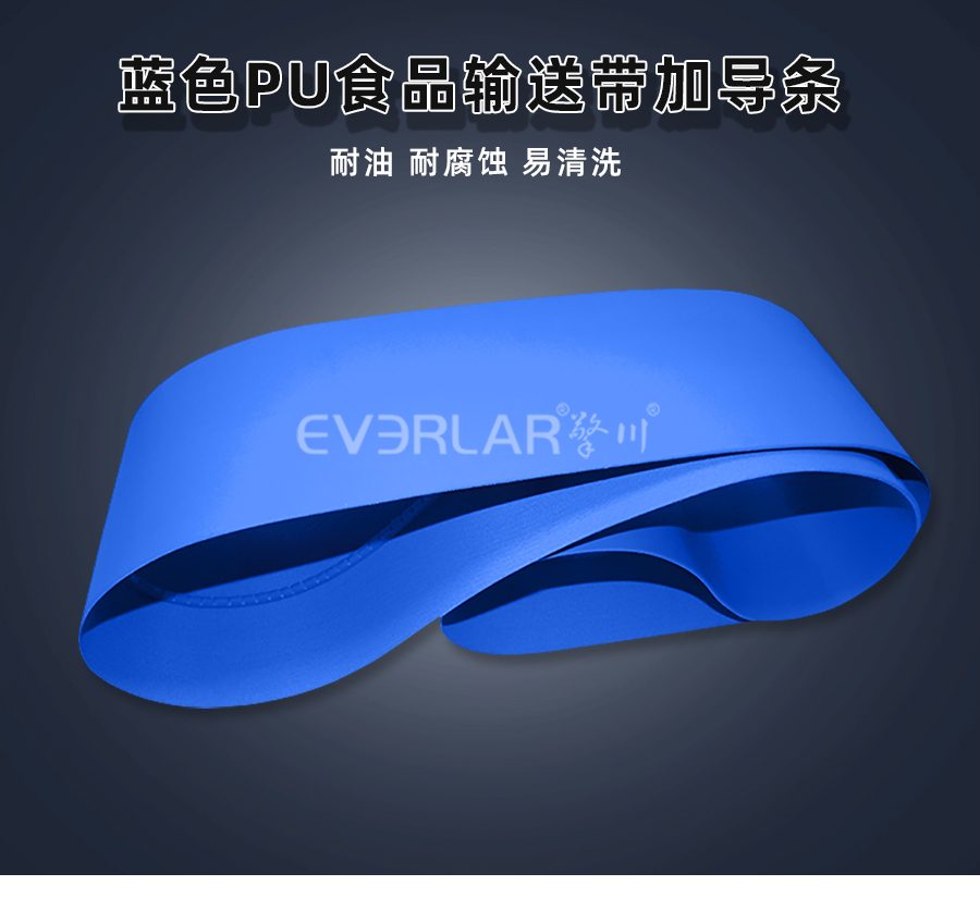 藍色PU食品<a href='http://ontimecarpet.com/shusongdai/' target='_blank'><u>輸送帶</u></a>加導(dǎo)條詳情01