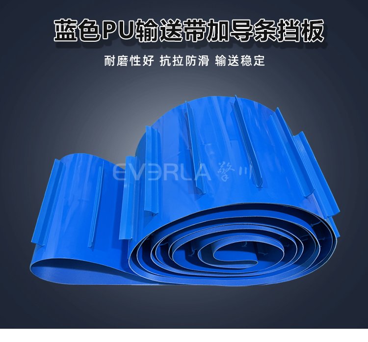 藍色PU<a href='http://ontimecarpet.com/shusongdai/' target='_blank'><u>輸送帶</u></a>加擋板導條