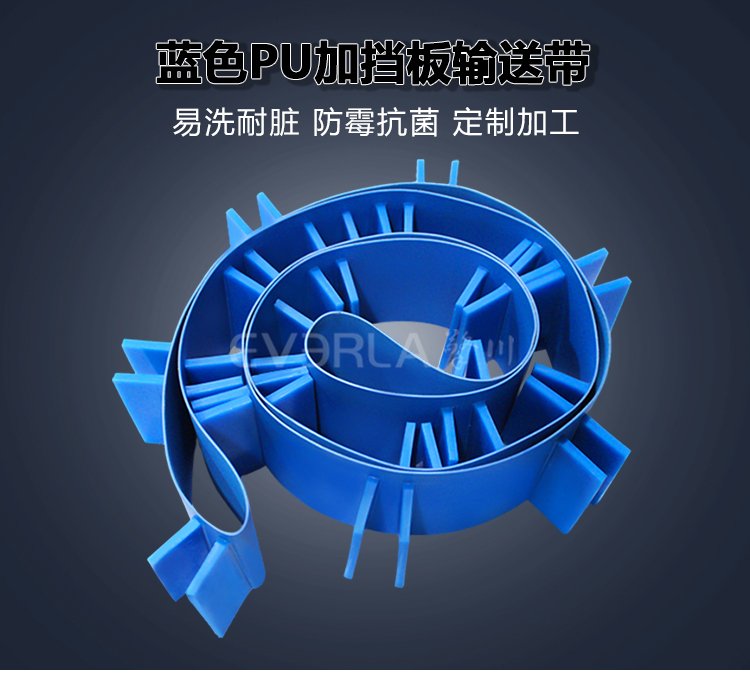藍色PU<a href='http://ontimecarpet.com/shusongdai/' target='_blank'><u>輸送帶</u></a>加擋板