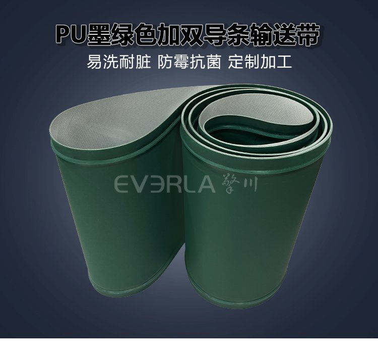 墨綠色PU<a href='http://ontimecarpet.com/shusongdai/' target='_blank'><u>輸送帶</u></a>加雙導(dǎo)條